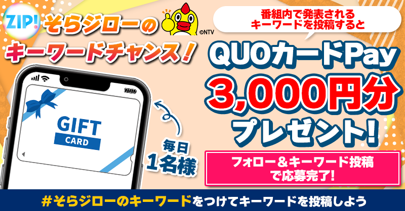 ZIP_TV's tweet photo. このあとは
#���らジローのキーワード チャンス！☀️
毎日1名にQUOカードPay が当たる🎯

📝参加方法📪
1️⃣@ZIP_TV をフォロー☑
2️⃣番組内でそらジローが発表するキーワードと共に
＃そらジローのキーワード をつけて投稿！

本日9時まで💨
詳細は画像をクリック👇#ZIP👐