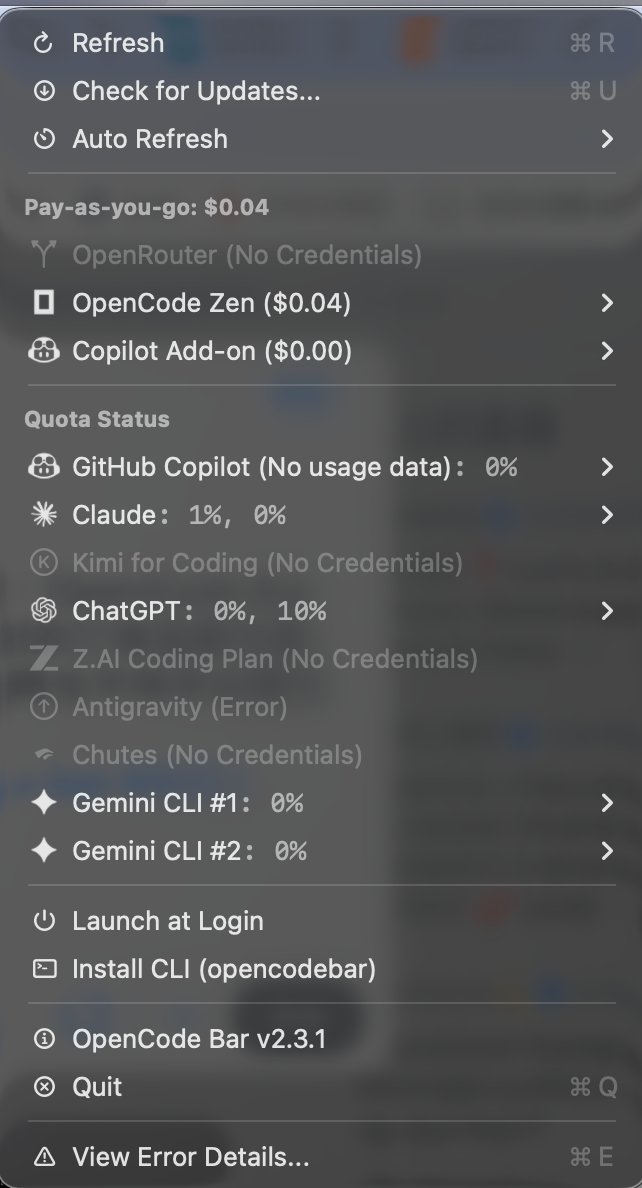 bottlez's tweet photo. 发现啦一个专门为OpenCode写的插件！OpenCode Bar 2.1 新版上线，CLI 支持 + 每个 AI 提供商的订阅追踪到期查询功能，自动检测 Open Interpreter 的提供商 https://t.co/OMe7NDbc00 #AICLI #DevTools #OpenInterpreter https://t.co/Y4w2y8Nnud