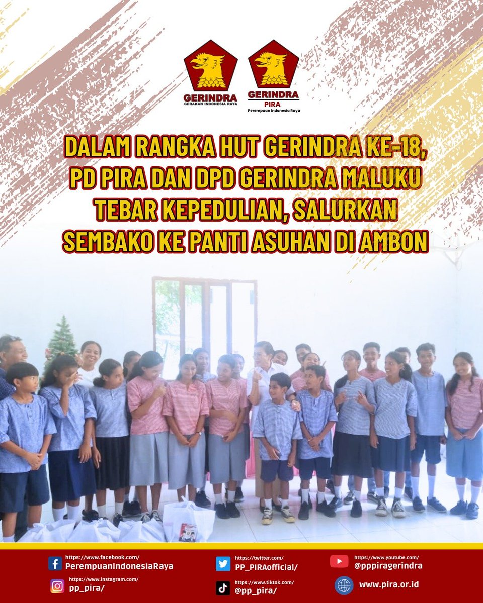 PP_PIRAofficial's tweet photo. Pada Rabu, 5/02/2026, PD PIRA Maluku berkolaborasi dengan DPD Partai Gerindra Maluku menggelar kegiatan bakti sosial berupa penyaluran paket sembako ke sejumlah panti asuhan di Kota Ambon dan wilayah sekitarnya.

#pira #piraluarbiasa #gerindra https://t.co/wzrDHardFA