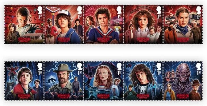 stampmarket's tweet photo. イギリスの新切手「ストレンジャー・シングス」。 Netflixの大人気SFホラードラマシリーズ放映開始10周年を記念した切手が発行されました。赤い切手は「表側の世界」のキャラクター、青い切手は「裏側の世界」のキャラクターがそれぞれ描かれています⚡ https://t.co/sNZGH95ukd https://t.co/oi2W6DKRSP