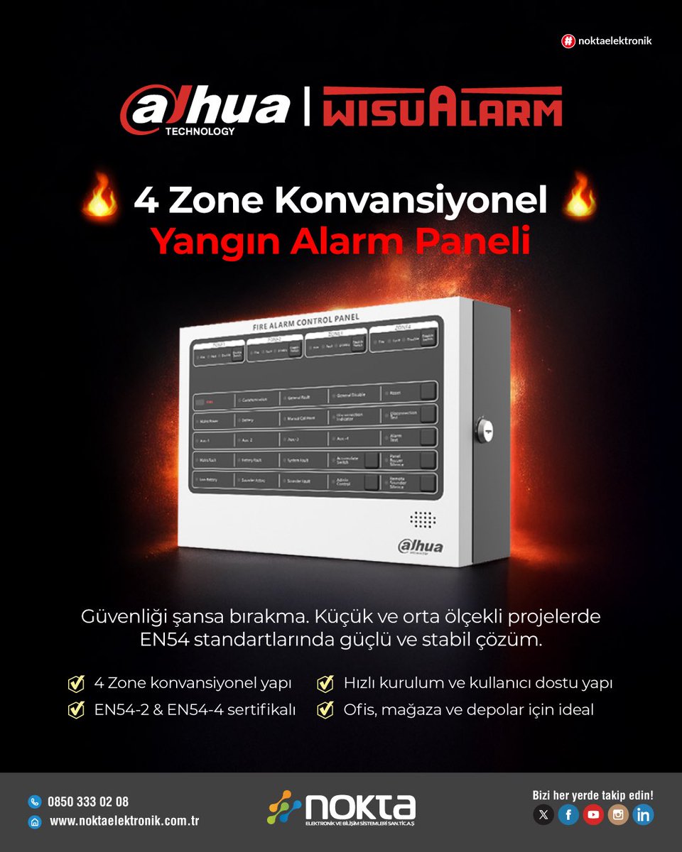 🔥 Dahua HY-C102-4 4 Zone Konvansiyonel Yangın Alarm Paneli 🔥

Yangını erken algıla, riski büyümeden durdur. Dahua kalitesiyle profesyonel yangın güvenliği.

🔗 bit.ly/4qgMnLO
📞 0850 333 02 08
🌐 noktaelektronik.net

#Dahua #EN54 #WisuAlarm #NoktaElektronik