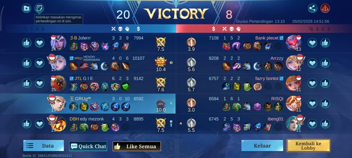 enaknya main mobile legend itu pas ada tamu dan afk bisa menang 🤣