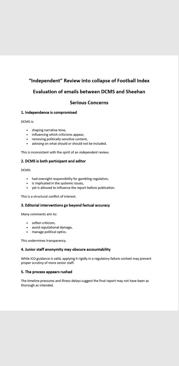 ThePublicNTK's tweet photo. 🆕Here is a summary of issues arising from analysing emails between DCMS and Sheehan in connection with preparation of the Football Index report.

(These emails were released after tribunal decision)⬇️ https://t.co/qgmvLQQmi0