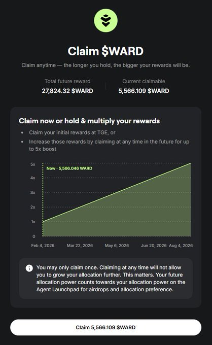 cryptoethlzq's tweet photo. 📣Simple mechanics, intentional incentives.

https://t.co/IpGonIOpZZ

• Claim after Feb 4, 2026 📅 

• Claim once = rewards locked

• Wait longer = more $WARD

• Max rewards at month 6

Conviction scales value. https://t.co/ripG62WeJM