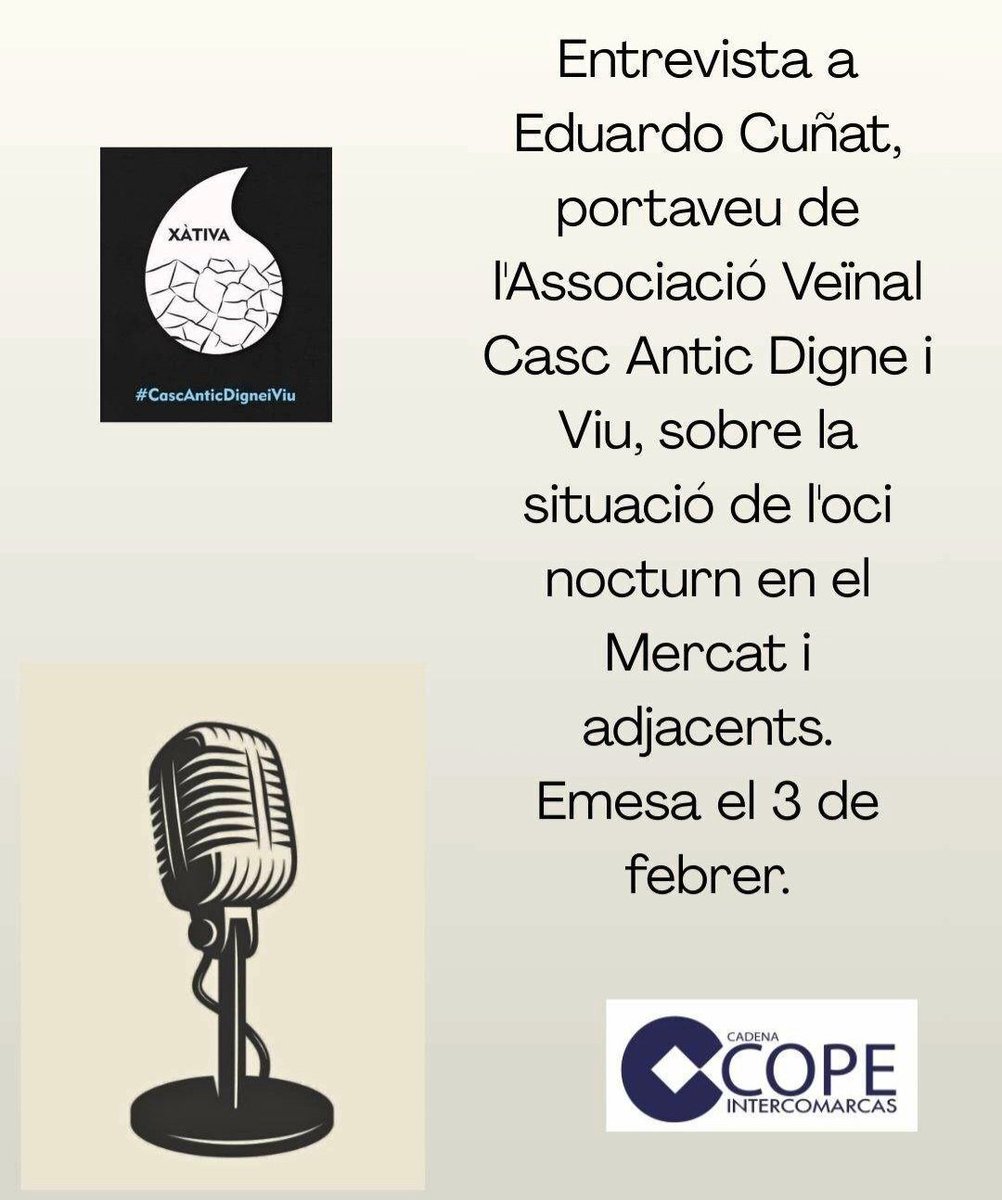 Entrevista en <a href="/copeintercom/">Cope InterComarcas</a> al portaveu de l'associació <a href="/nanticdigneiviu/">Casc Antic Digne i Viu</a> en la que cinta els problemes, cada día més i sense que l'ajuntament de <a href="/Xativa/">Ajuntament de Xàtiva</a> actue,de l'extens i oblidat nucli antic de #Xàtiva  <a href="/apuntnoticies/">À Punt NTC</a>
<a href="/RTVEValencia/">RTVE Comunitat Valenciana</a> <a href="/sextaNoticias/">laSexta Noticias</a> 👇
youtu.be/TdK0n6QF4tg?si…