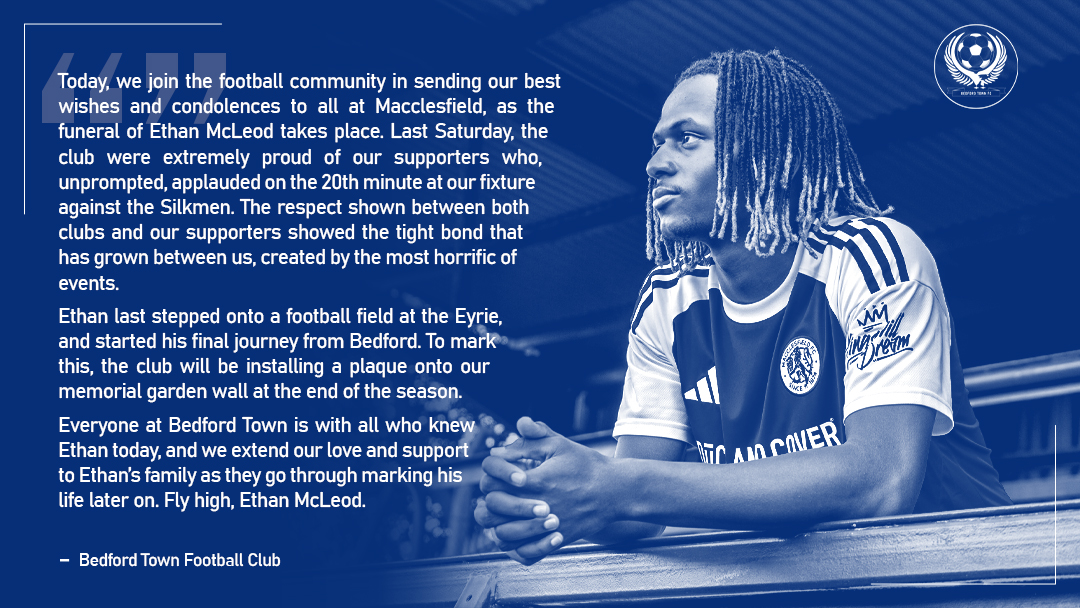 BedfordTown's tweet image. 🕊️ Today, we join the football community in sending our best wishes and condolences to all at @thesilkmen as the funeral of Ethan McLeod takes place.

Rest in Eternal Peace Ethan 🤍
