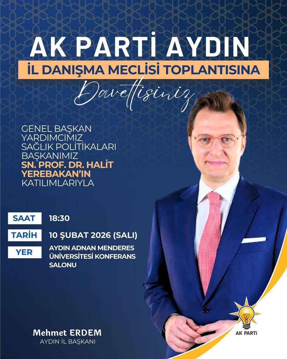 MUpbul's tweet photo. Kıymetli hemşehrilerimiz, 

AK Parti Aydın İl Danışma Meclisi toplantımıza tüm vatandaşlarımız davetlidir. 

🗓️ 10 Şubat 2026 (Salı)

🕑 18:30 

📍 Adnan Menderes Üniversitesi Konferans Salonu https://t.co/4ieZ40tXjn
