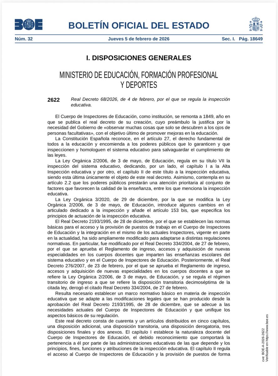 📢 Hoy se ha publicado en BOE el RD 68/2026, de 4 de febrero, por el que se regula la inspección educativa.

📄boe.es/boe/dias/2026/…

🔍 Desde USIE analizaremos su alcance y repercusiones profesionales.
#InspecciónEducativa #USIE