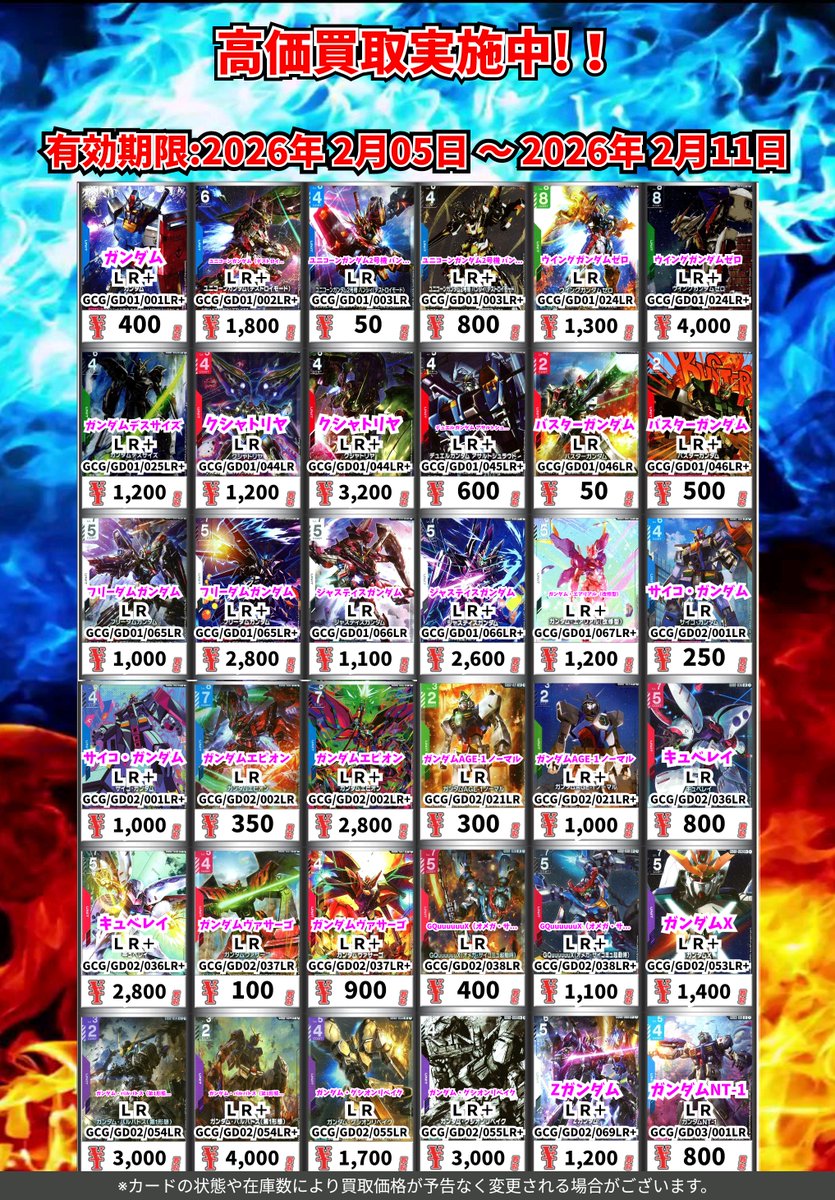 ただいまの超高価買取!! （2/11まで） ガンダムカード ※一定枚数に達し
