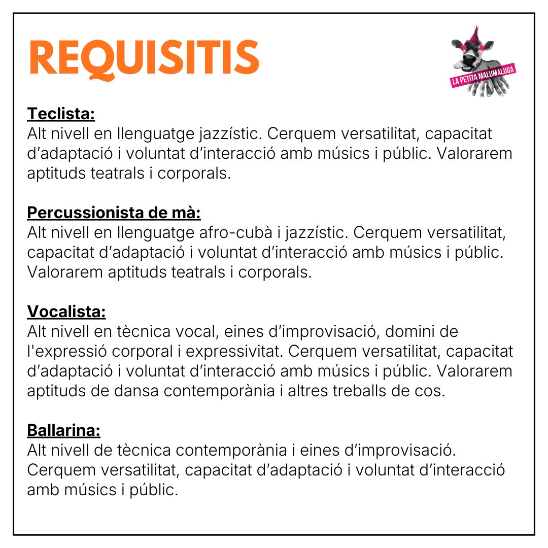 lapetitamalu's tweet photo. 📣Des de la companyia La petita malumaluga obrim audicions per la nostra nova producció. 
Si vols conèixer tota la informació fes click aquí: https://t.co/0ABG5ynl1H 

#audició #convocatòriaoberta #artsescèniques #dansa #música #CastingCall #casting #audición #percussió #teclista https://t.co/gd15vvatGS