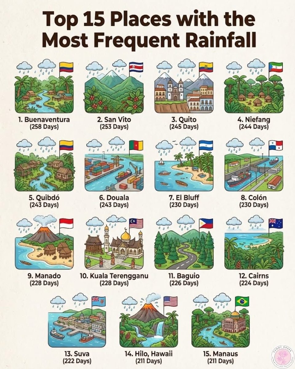 🌧️ Top 15 places with the most frequent rainfall ☔️ 

1.🇨🇴 Buenaventura — 258 days
2.🇨🇷 San Vito — 253 days
3.🇪🇨 Quito — 245 days
4.🇬🇶 Niefang — 244 days
5.🇨🇴 Quibdó — 243 days
6.🇨🇲 Douala — 243 days
7.🇳🇮 El Bluff — 230 days
8.🇵🇦 Colón — 230 days
9.🇮🇩 Manado — 228 days
10.🇲🇾