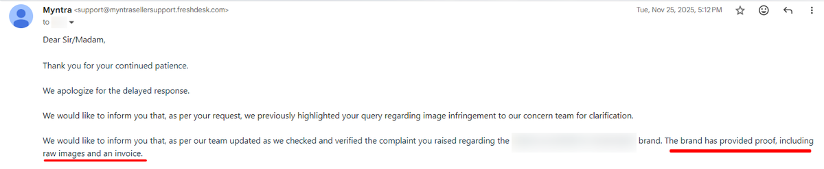 mravjani's tweet photo. After repeated attempts to resolve this privately with @MyntraSupport, I am compelled to raise this publicly.

I am a seller on @myntra . Another seller has copied our copyrighted product images and listed them on the platform.

I raised Ticket ID: 11266391, however it was closed stating that the “other seller has provided proof".