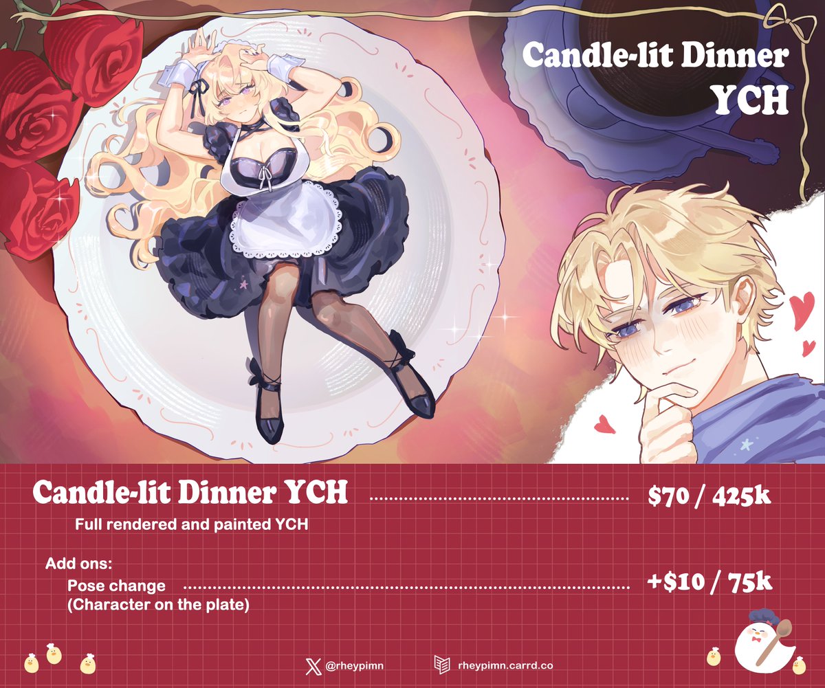 rheypimn's tweet photo. [Shares are appreciated!]

Hello! Rhey's Candle-lit Dinner YCH is open for both local and international!😊✨🖼️

Please visit my VGEN page, gform, or DM me directly to order~ 🧑‍🎨📨 Thank you!

🔗 below!

#VGenComm  #VGenOpen https://t.co/3HqnJyPf6e