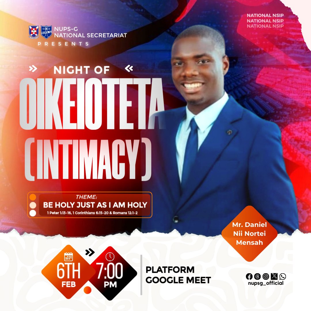 nupsg_official's tweet photo. NUPS-G OOOO

The February Edition of the National NSIP is finally here 🔥🎊

Let’s come together to fellowship and build a more intimate relationship with God🙏🏽✨

📅 Friday, 6th February 2026
📍 Google Meet: https://t.co/v0t133Mtao
⏰ 7:00 PM https://t.co/ayrPLlsmcE