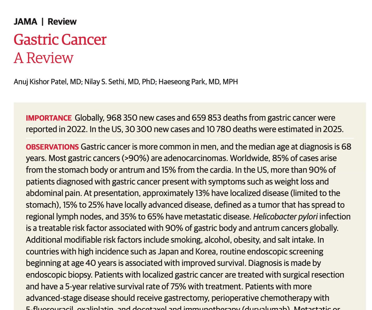 sepdigestiva's tweet photo. Cácer gástrico, la última revisión, en JAMA (2026). Puntos clave:

🟢 Indicar endoscopia en dispepsia >50 años o síntomas de alarma; aunque cada vez es más frecuente aún en <50 años. 

🟢 Biomarcadores: buscar HER2, PD-L1, CLDN18.2 y MMR. Estos definen terapias dirigidas (ej. Zolbetuximab si CLDN18.2+, Trastuzumab si HER2+).

🟢 Manejo Perioperatorio: El esquema FLOT es estándar en estadio II/III. En deficiencia de MMR (dMMR), se sugiere inmunoterapia neoadyuvante

🟢 Estadificación: Laparoscopia diagnóstica con lavado es mandatoria pre-resección curativa; TC y PET tienen baja sensibilidad para metástasis peritoneales.

🟢 Pronóstico: Supervivencia a 5 años <10% en metastásico. La 1ª línea es Quimio + Inmunoterapia/Target según perfil molecular (ej. Nivolumab)

rt @LuisOliverio
