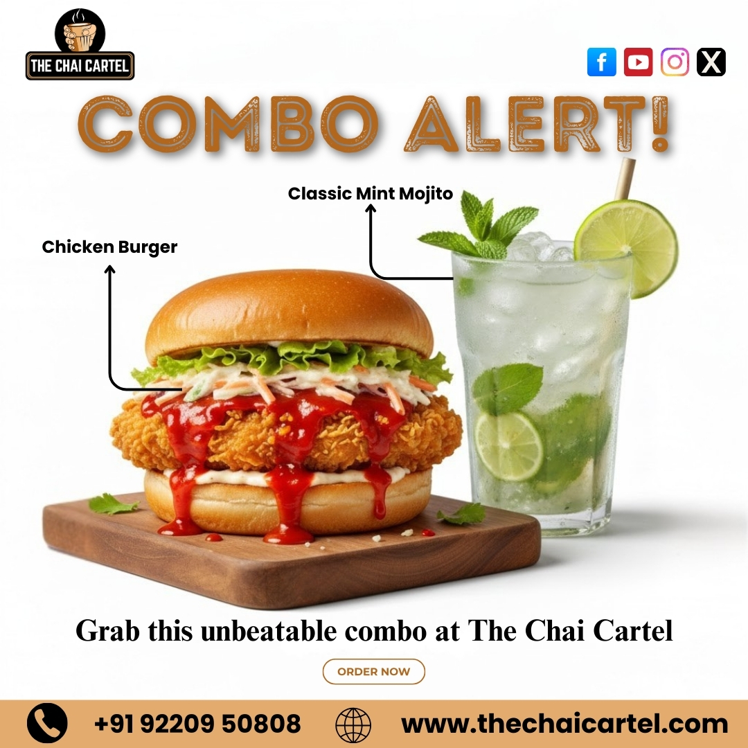The_Chai_Cartel's tweet image. 🔥🍔🥤 COMBO ALERT! 🥤🍔🔥
 Chicken Burger + Classic Mint Mojito
Juicy, flavor-packed chicken burger meets a cool, refreshing mint mojito 
📞 +91 92209 50808
🌐 thechaicartel.com
#ComboDeal #ChickenBurger #MintMojito #SipAndBite #TheChaiCartel #CafeVibes #FoodieFix