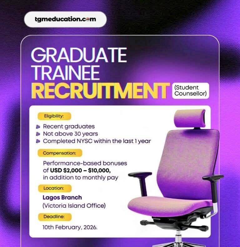 tohire_ng's tweet photo. Graduate Trainee – International Student Counsellor

Compensation: $2k - $10k in addition to monthly pay.

We are seeking motivated fresh graduates who are eager to begin their careers in the global study-abroad industry as International Student Counsellors.

Requirements:
• Bachelor’s degree in Education, Business Administration, Mass Communication, or a related field
• Proximity to Victoria Island, Lagos
• Completion of NYSC within the last one (1) year
• Not more than 30 years of age
• Excellent written and verbal communication skills
• Tech-savvy, proactive, and result-oriented

How to Apply:
Interested candidates who meet the above requirements should send their CVs to: hr@tgmeducation.com with the subject line: “Graduate Trainee.”