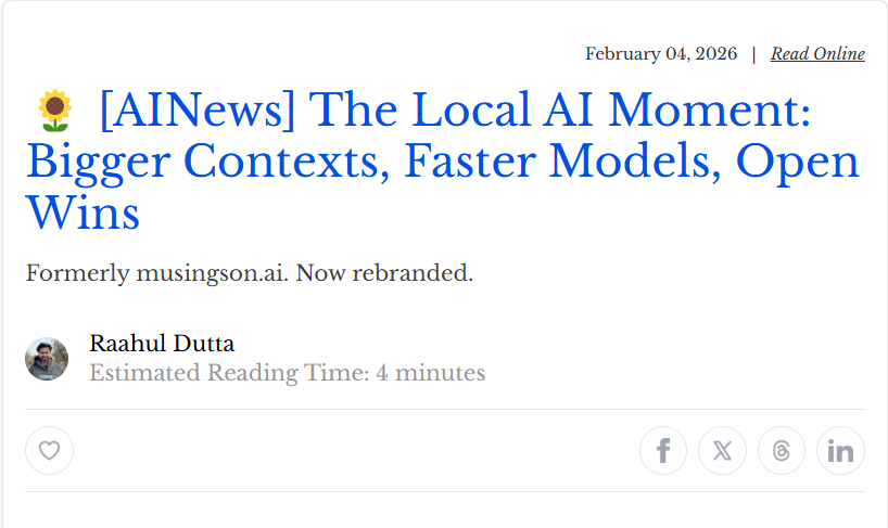 raahulrahl's tweet photo. The Local AI Moment isn’t hype - it’s the shift.
Bigger contexts → richer reasoning.
Faster models → real-time adaptability.
Open wins → interoperability at scale.
This is how agents stop being toys and start being infrastructure.
#AI #OpenProtocols #InternetOfAgents https://t.co/ym40j8KdHV