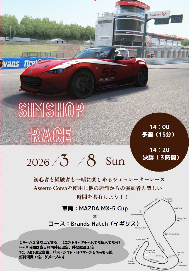 それと3月8日に各シミュレーター屋を繋いだ耐久レースがあります。

いきなり参戦表明する必要はありません。
まずは当店に来てこのクルマ、このコースで走ってみましょう。

速くある必要はありません。
楽しくモータースポーツを感じて欲しいのです。

レース参加費とかはこれから考えます…
