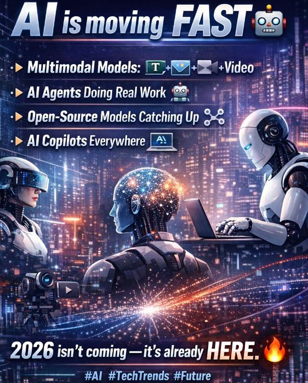 MstSurovi62692's tweet photo. AI is moving FAST 🤖
• Multimodal models (text + image + video)
• AI agents doing real work
• Open-source models catching up
• AI copilots everywhere
2026 isn’t coming — it’s already here. 🔥 #AI #TechTrends #futureparkcountdown https://t.co/GbCAGjBu4S