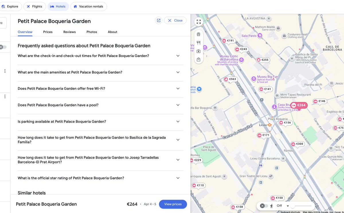 Since January, at least, Google Hotels is showing FAQ's on the Overview page of the hotel. Same 8 questions, regardless of the hotel typology.