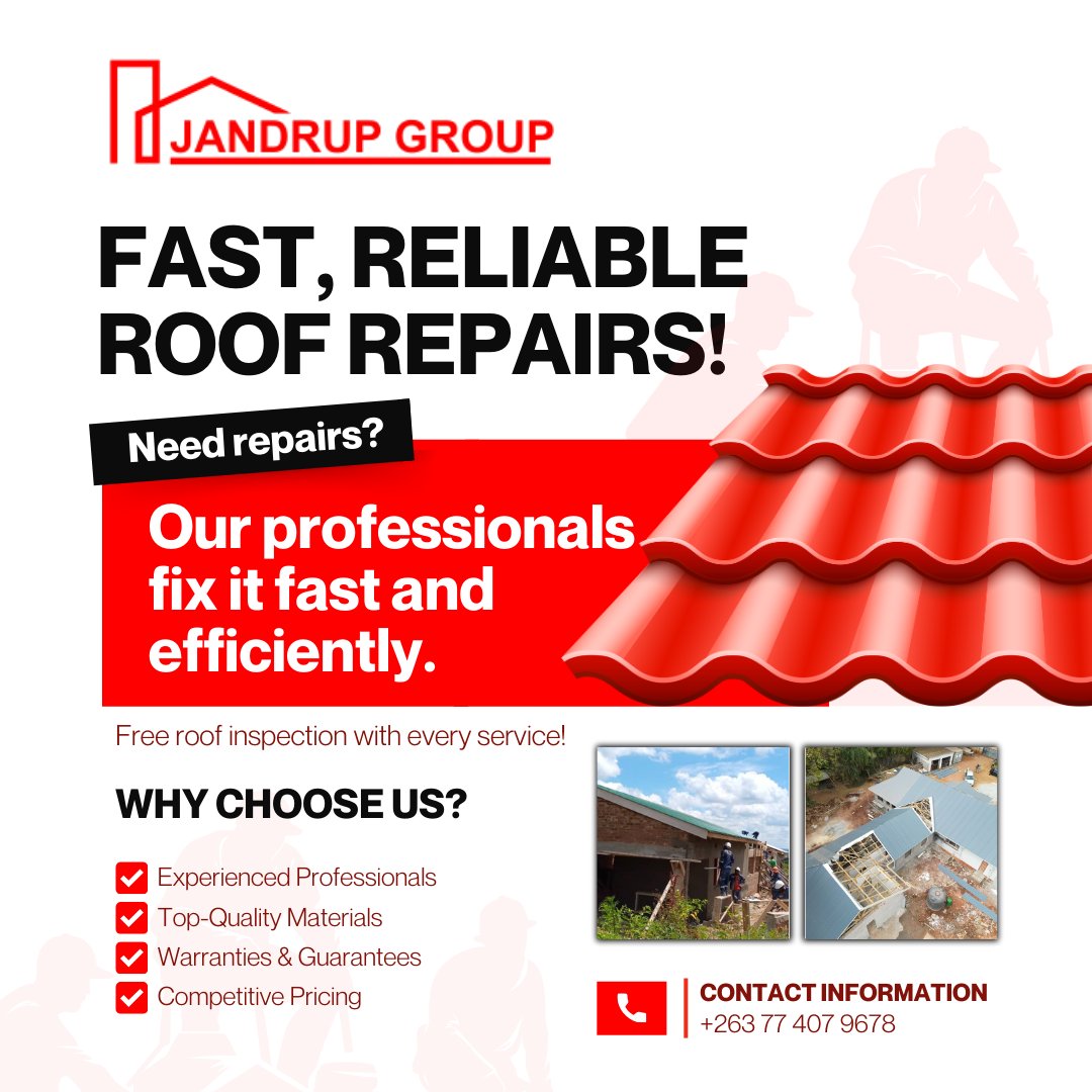JandrupG's tweet photo. 🏠✨ Fast, Reliable Roof Repairs! ✨🏠

Need a roof repair? Enjoy a FREE roof inspection with every service.

Contact us today for more info! 📞 +263 77 407 9678
#RoofRepairs #JandrupGroup #QualityService #HomeCare https://t.co/BijmGLM4Z0
