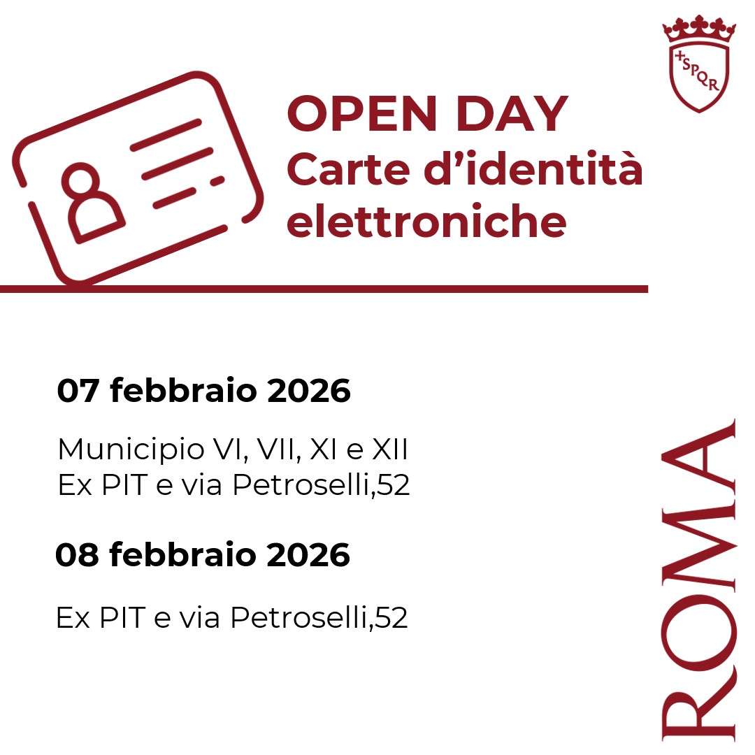 Roma's tweet image. ✅#OpenDay Carta d'identità Elettronica #CIE
📌Sabato 07/02 aperti i Mun. VI, VII, XI e XII ex PIT e via Petroselli 52
📌Domenica 08/02 aperti gli ex PIT e via Petroselli 52
Prenotazioni da h 9 del 06/02 su🔗prenotazionicie.interno.gov.it
Info, sedi e orari ➡️ tinyurl.com/yk3jpptt