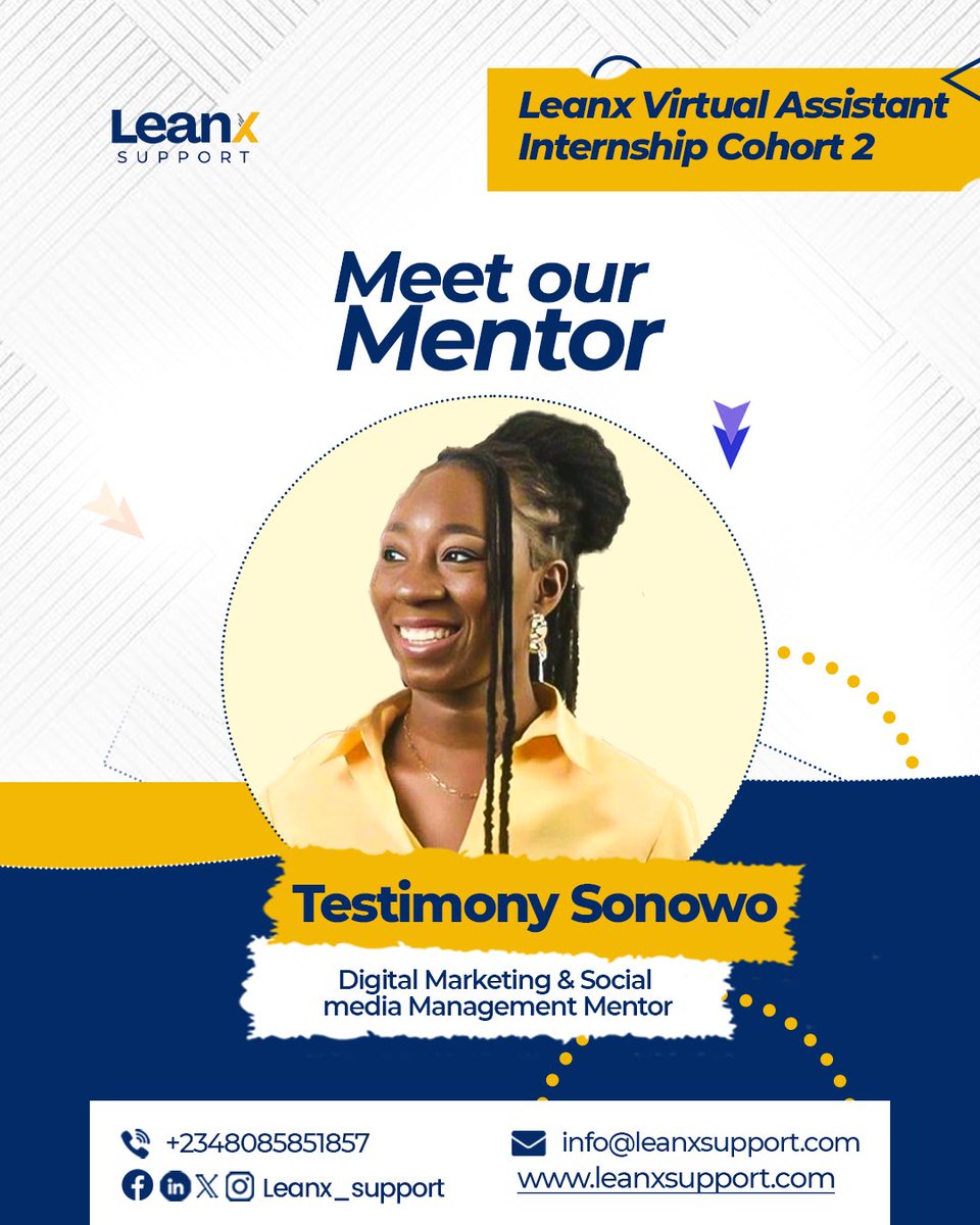Leanx_Support's tweet image. We are excited to introduce Testimony Sonowo as a mentor in the Leanx Virtual Assistant Internship Cohort 2.

Her expertise in Digital Marketing and Social Media Management will empower interns with practical digital skills.

#LeanxSupport ##SocialMediaManagement #Mentorship