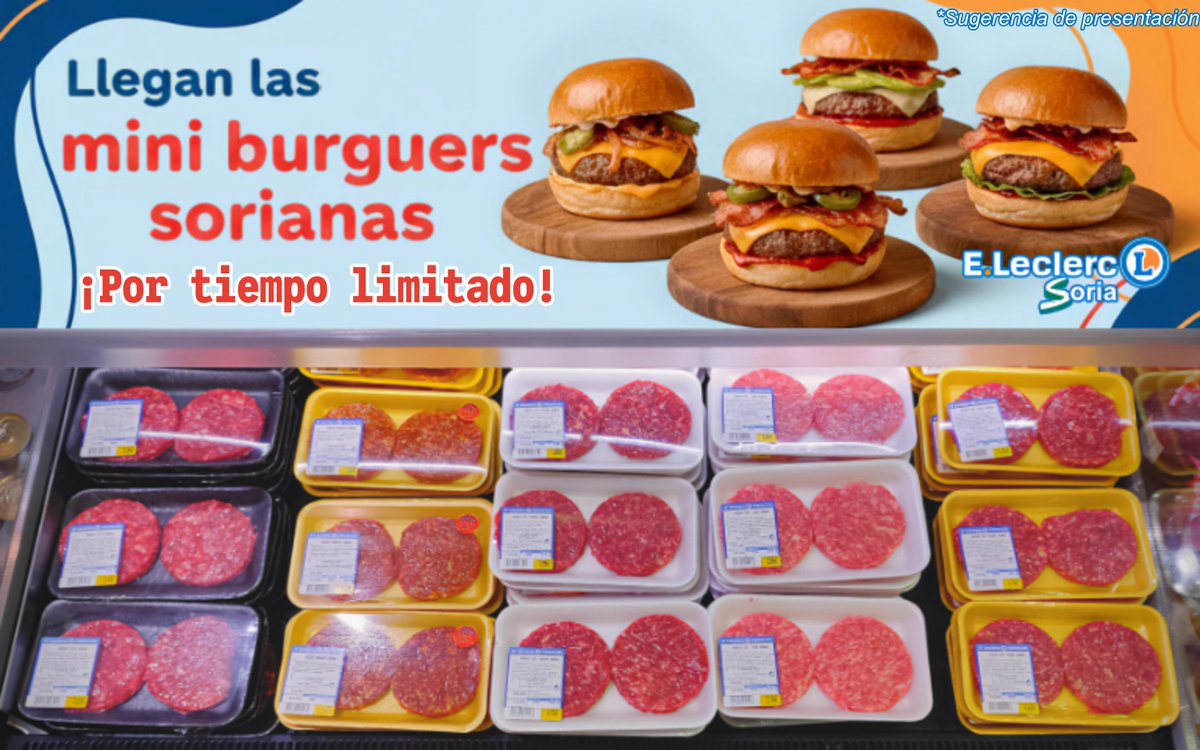 🍔 ¡Novedad en EꓸLeclerc Soria!
Ya han llegado las nuevas mini burguers sorianas. Calidad de siempre en un formato ideal para tus cenas o picoteos.
Disponibles en nuestra carnicería por tiempo limitado.
¡Pruébalas antes de que se acaben! 🛒