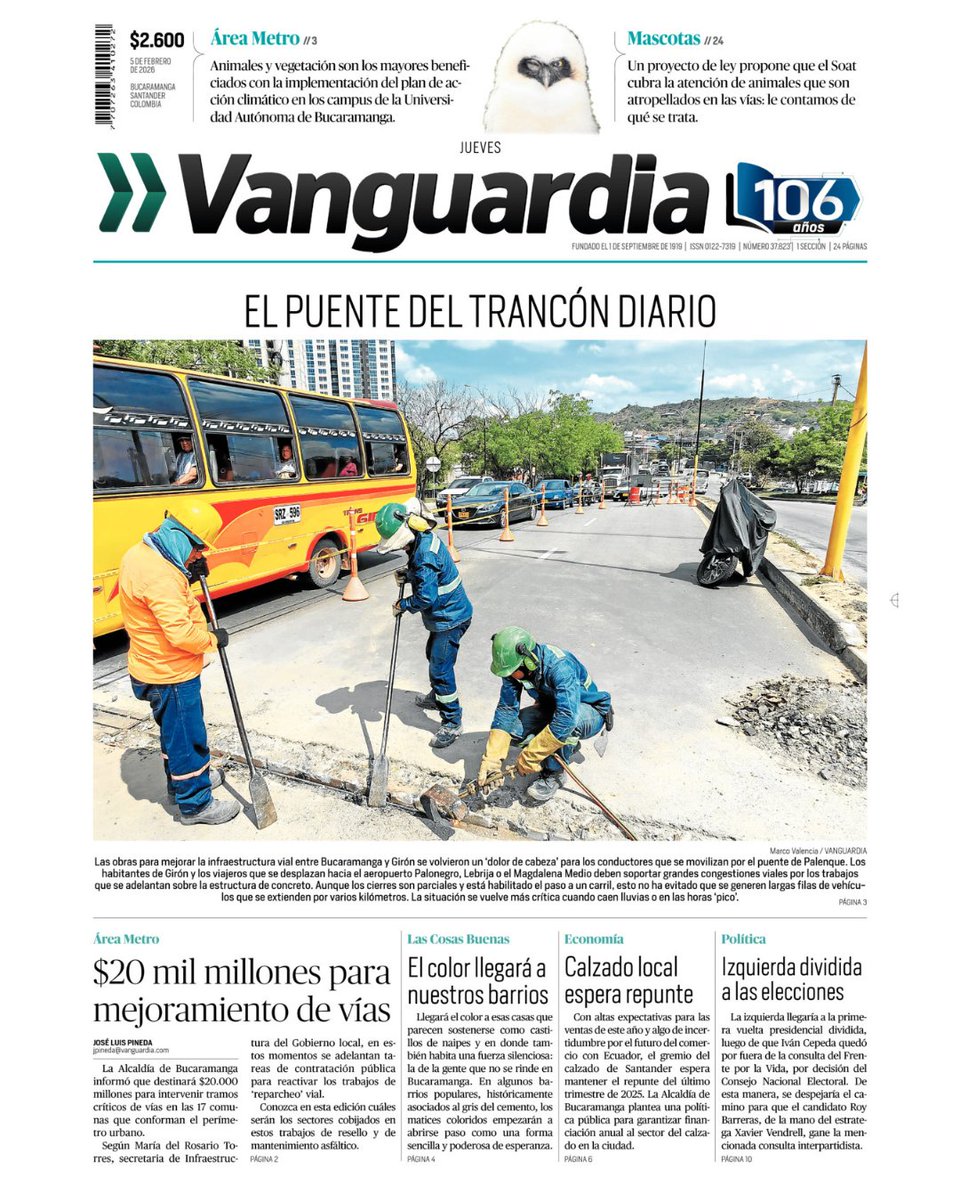 ☀️ ¡Buenos días y feliz Jueves!
🗞️ Les compartimos la #PortadaVanguardia de hoy:

🚧Obras en puente de Palenque colapsan la movilidad.
🗳️Exclusión de Cepeda de la consulta divide el voto de la izquierda.
💰20 mil millones para mejoramientos de vías.

🔍 ¡Y hay mucho más!
📲 Léalo