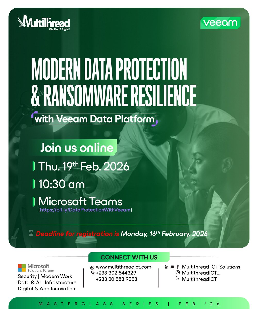 We’re excited to kick off another year of our Masterclass Series with an insightful session on:

Modern Data Protection &amp; Ransomware Resilience with Veeam

Thu, 19th Feb 2026
10:30 AM
Microsoft Teams

Register and be part of our 2026 learning experience.
#MasterclassSeries #Veeam