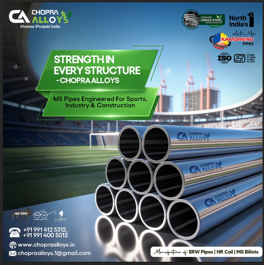chopraalloys's tweet photo. Strength in Every Structure.

From sports infrastructure to heavy industry, Chopra Alloys delivers high-quality MS ERW Pipes you can trust for durability, precision, and performance. 🏗️⚙️🏟️

#ChopraAlloys #MSPipes #ERWPipes #ERWPipeManufacturer #SteelManufacturing #MakeInIndia https://t.co/JmcfNgWUiX