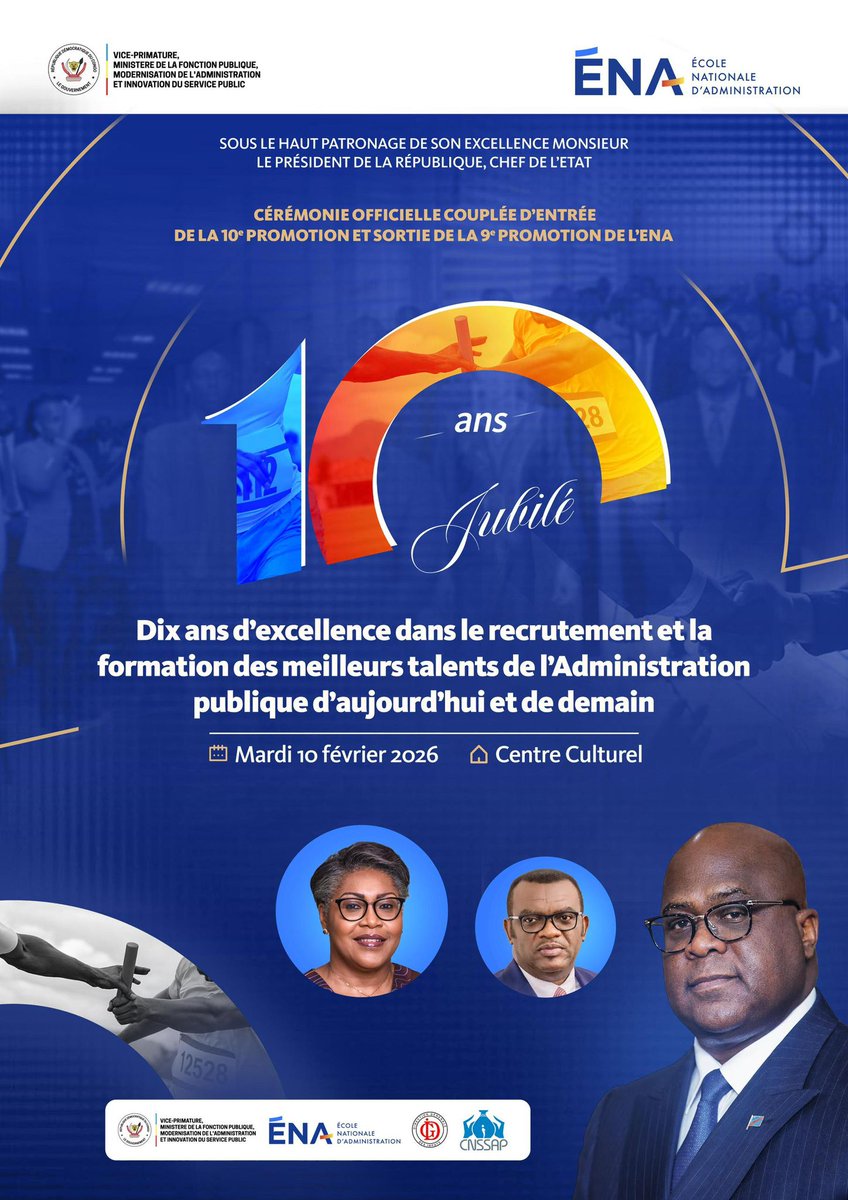 Le 10 février 2026, l’ <a href="/EnaRDC_Officiel/">Ena RDC</a>, sous le haut patronage du Chef de l’Etat, organisera la cérémonie de clôture de la scolarité de la 9e promotion, couplée à celle de l’entrée de la 10e promotion...
1/2