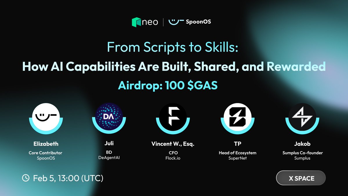 🎙 From Agents to Skills: How AI Capabilities Are Built, Shared, and Rewarded
🗓 Feb 5, 2026 · 13:00 UTC

Featuring:
<a href="/Elizabethyaaa/">Elizabethyaaa</a> from <a href="/SpoonOS_ai/">SpoonOS 👅🥄</a>
<a href="/DeAgentAI/">DeAgentAI</a>
<a href="/cosmeticfish/">Vincent W., Esq.</a> from <a href="/flock_io/">FLock.io</a>
<a href="/supernet_intern/">TP ❤️‍🩹</a> from <a href="/Supernet_AI/">Supernet AI 🌐</a>
<a href="/JakobJJJJJX/">Jakob</a> from <a href="/SumPlusReal/">SumPlus</a>

💰 100 $GAS Prize Pool