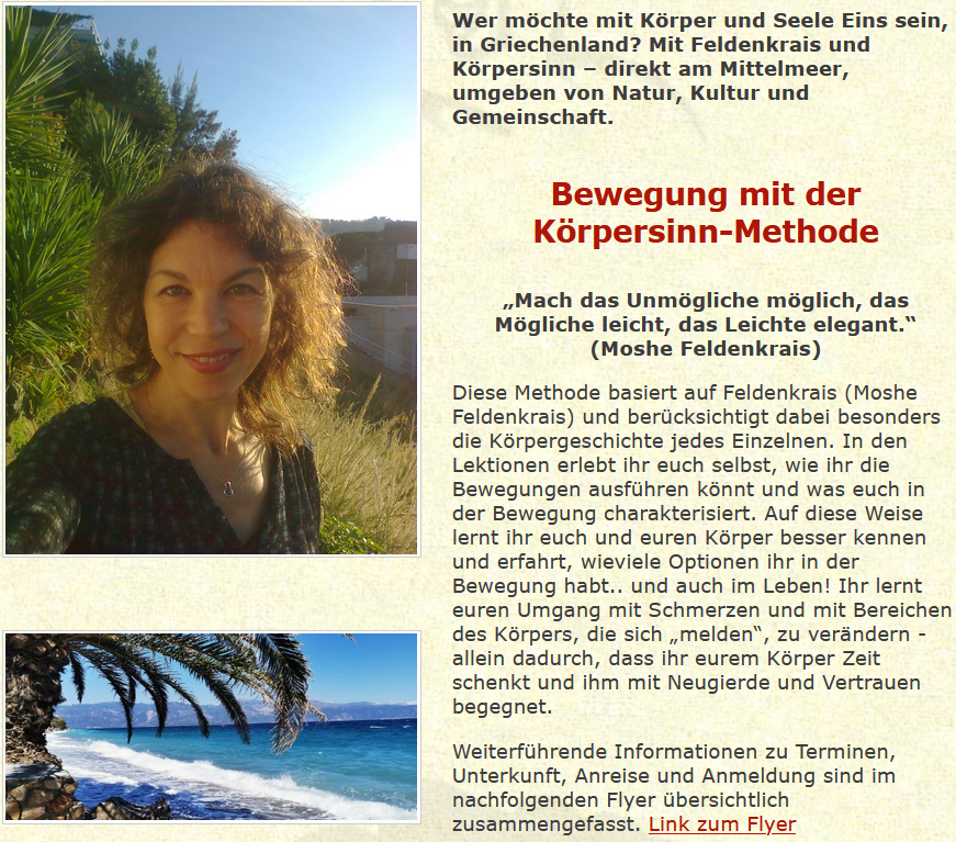 12.01 - 31.07.2026 sowie auf Anfrage weitere Termine bis Januar 2027: 

Bewusstheit durch Bewegung mit der Körpersinn-Methode mit Kathrin Sieber

Flyer: idyllion.eu/EmK_2026.pdf