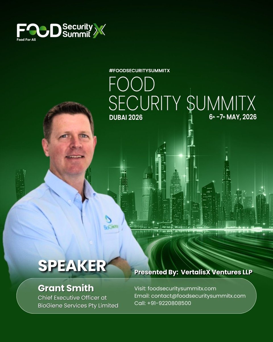 foodsecurityX's tweet image. Food Security SummitX is proud to announce Grant Smith, Chief Executive Officer at BioGiene Services Pty Limited — advancing food safety, sanitation, and environmental sustainability across global food systems.

#FoodSecuritySummitX #GrantSmith #BioGiene #FoodSafety #Food