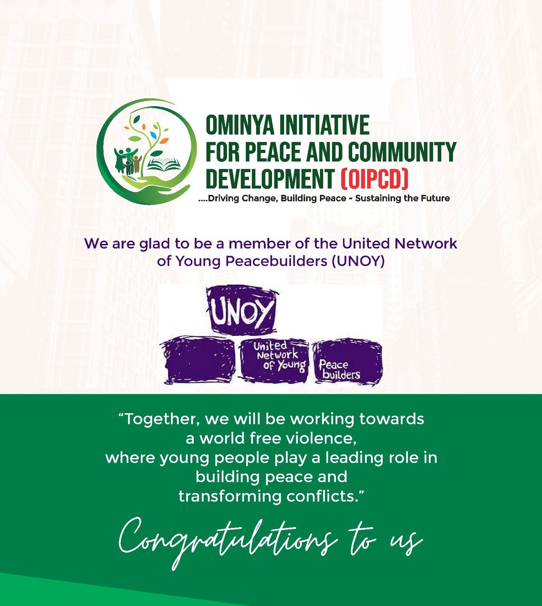 Big news! 🎉

<a href="/ominyainitiativ/">Ominya Initiative</a> is officially a member of the <a href="/unoy_peace/">UNOY Peacebuilders</a> 

This is a win for youth-led peace, collaboration, and global solidarity.
Onward as we amplify young voices and transform conflicts through peacebuilding.
#UNOY #OIPCD #PeaceInAction #ominyainitiative