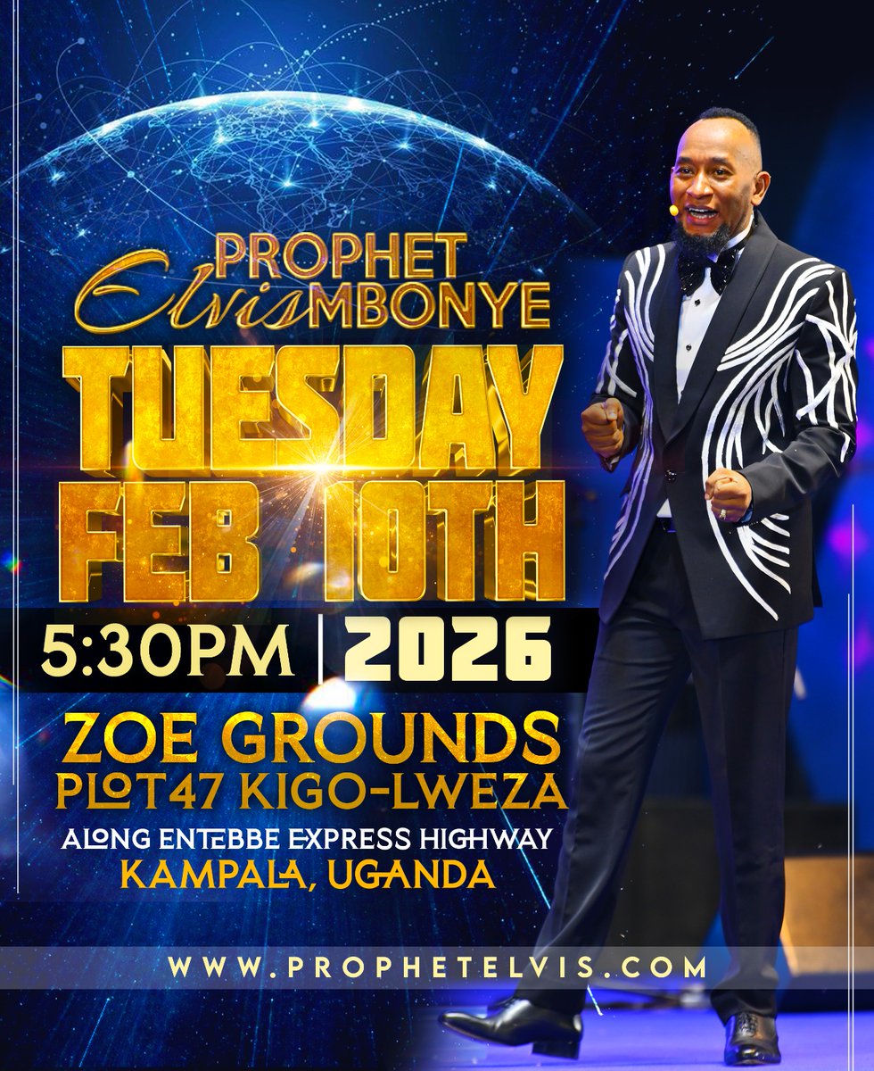 Prophet_elvis's tweet photo. Prophet Elvis Mbonye this Tuesday February 10, 2026 5:30pm at plot 47 Kigo-Lweza, Kampala Uganda.
📌https://t.co/pRyYT59Fd6
#ProphetElvisMbonye https://t.co/02pl8uK699