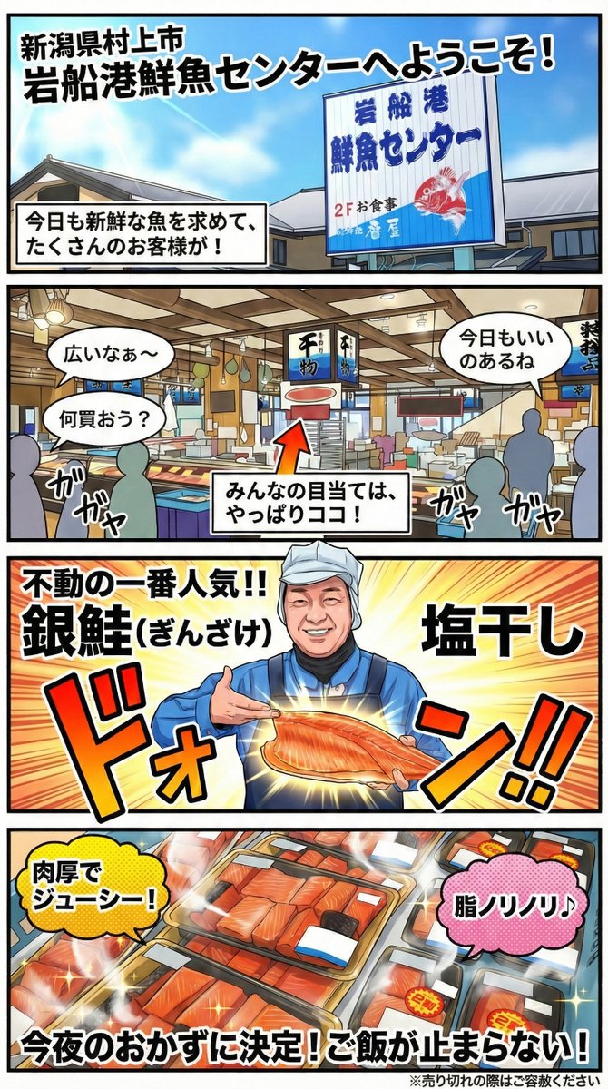 murakamiguide's tweet photo. ４コマまんが
「人気No.1！肉厚ジューシーな「銀鮭塩干し」がご��泥棒すぎる」の巻
https://t.co/TfvfzTLokx
〒958-0037 新潟県村上市瀬波温泉３丁目６−３８
#岩船港鮮魚センター
#村上市 https://t.co/3eSXU36wHJ