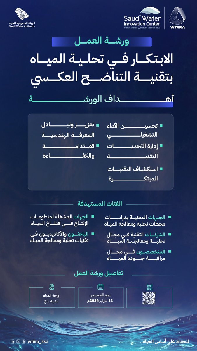WTIIRA_KSA's tweet photo. ورشة الابتكار في تحلية المياه بتقنية التناضح العكسي

سجل الان
https://t.co/L8xK8kRdQm

#للحفاظ_على_أساس_الحياة https://t.co/QG4o5XcbLU