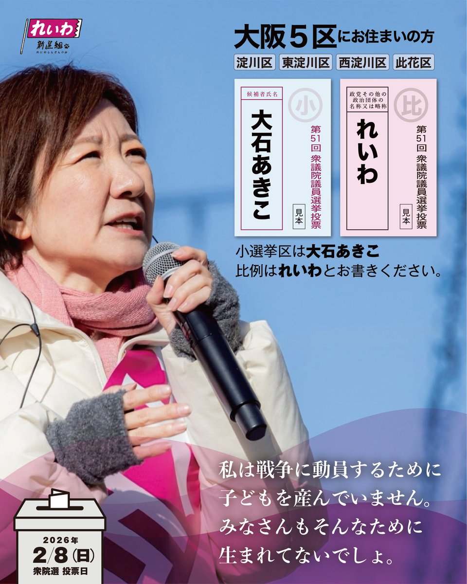 oishiakiko's tweet photo. 私は戦争に動員するために
子どもを産んでいません。

みなさんもそんなために生まれてないでしょ。

【2/8(日) #衆議院議員選挙 です🗳️】
✏️ #大阪5区 は、#大石あきこ 
✏️ #比例はれいわ 

🗓️投開票日2/8(日)
🗓️期日前投票1/28(水)〜2/7(土)
SNSや、LINEなどで広めてください！
大石あきこを、国会に戻してください！

衆院選の投票方法はこちらから💁‍♀️
https://t.co/NWZrvN5AlG

---
【れいわ新選組マニフェスト】
https://t.co/CadxyLqacA

【ボランティア大募集‼️】
毎日10時から事務所あけてます🌸
住所：大阪市淀川区西中島7-1-1興北ビル2階
https://t.co/TAjOAeObz1
新大阪駅、南方駅、西中島南方駅から徒歩5〜8分

【🤝サポーター登録(無料)】
https://t.co/Lx7nRam2jd

#衆院選2026 #比例はれいわ #大阪5区 #淀川区 #西淀川区 #東淀川区 #此花区 #れいわ新選組 #衆院選2026 #衆院選 #選挙 #山本太郎
※staff更新