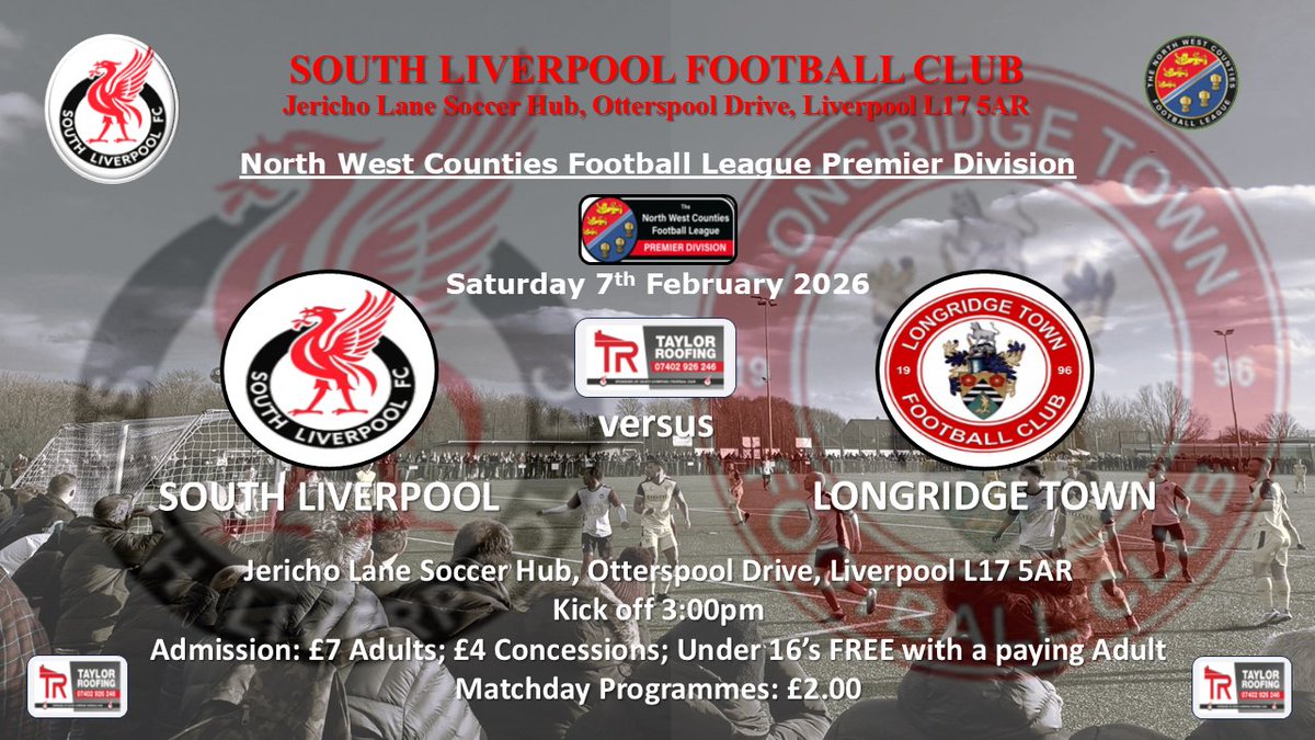 UP NEXT ⚪️⚫️🔴

📆 Sat 07/02/26
⚽️ <a href="/LongridgeTownFC/">Longridge Town FC</a>
🏆 <a href="/nwcfl/">The NWCFL ⚽️</a> Premier Division
⏱️ 3:00pm
📌 Jericho Lane Soccer Hub L17 5AR
💰 Admission: £7 Adults; £4 Concessions 
📚 Matchday Programmes: £2
🍴 Cafe located in main Hub building

#SupportYourLocalClub
#ComeOnTheSouth