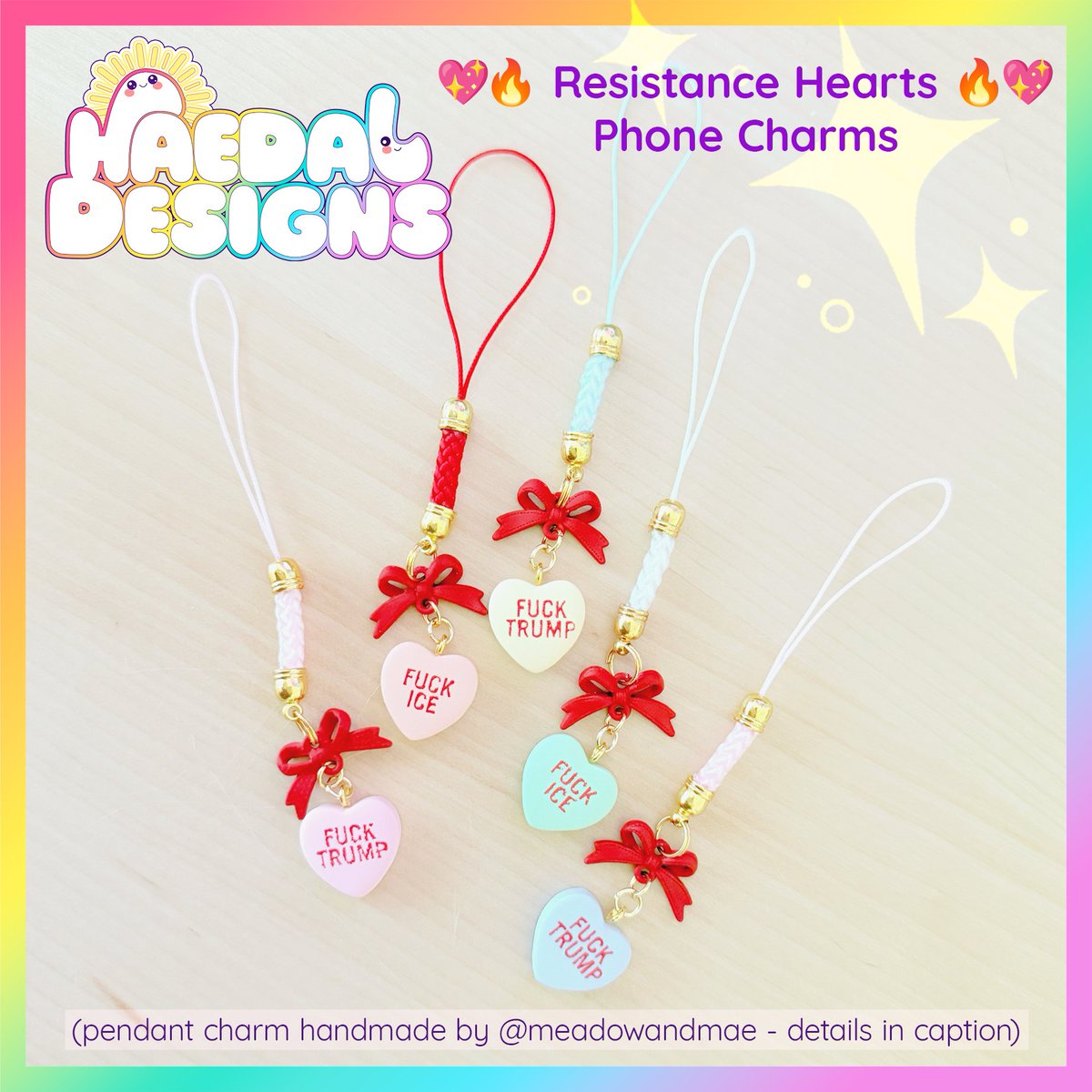 HaedalDesigns's tweet photo. 💖🔥 NEW: Resistance Hearts Charms 🔥💖
Phone &amp; bag charms featuring handmade polymer clay conversation hearts by @meadowandmae, styled into Haedal Designs pieces with bows, beads &amp; backbone. Cute. Brave. Unapologetic.

👉 https://t.co/qZeZ4F7lWF
#CuteButNotQuiet #Craftivism https://t.co/9fC3bjnIFt