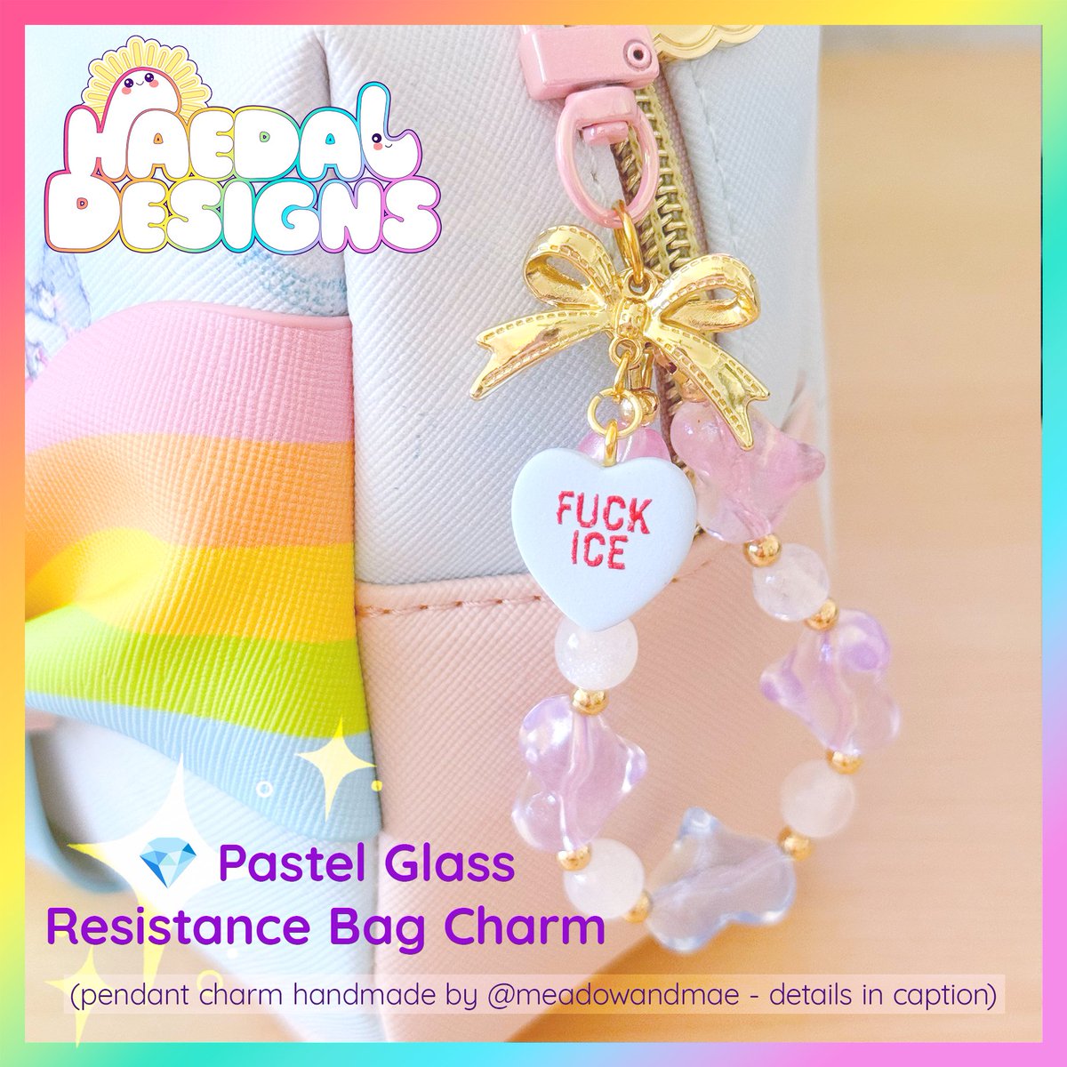 HaedalDesigns's tweet photo. 💖🔥 NEW: Resistance Hearts Charms 🔥💖
Phone &amp; bag charms featuring handmade polymer clay conversation hearts by @meadowandmae, styled into Haedal Designs pieces with bows, beads &amp; backbone. Cute. Brave. Unapologetic.

👉 https://t.co/qZeZ4F7lWF
#CuteButNotQuiet #Craftivism https://t.co/9fC3bjnIFt