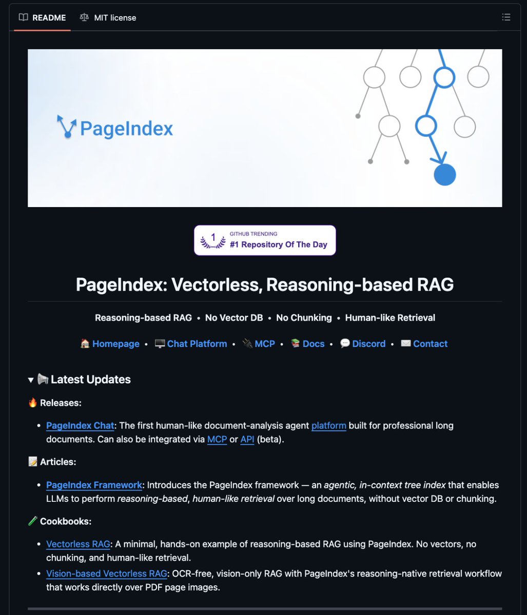 thisguyknowsai's tweet photo. 🚨BREAKING: Build Agentic RAG without vector database or chunking.

You can now create RAG without using Vector DBs.

PageIndex is a new open-source tool that uses document trees instead of embeddings.

It scores 98.7% on FinanceBench by allowing LLMs to understand structure instead of just matching keywords.

→ No Vector DB
→ No Chunking
→ Human-like Retrieval

100% Open Source.