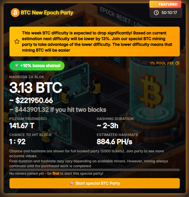letsmineit's tweet image. 🚨🚨🚨This week #BTC difficulty is expected to drop significantly! Based on current estimation next difficulty will be lower by 13%. Join our special BTC mining party to take advantage of the lower difficulty. #letsmine #bitcoin 🚀🚀🚀