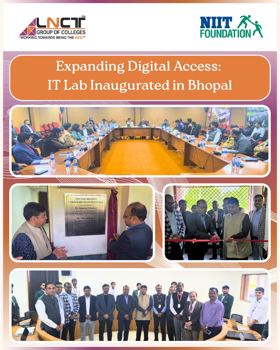 NIIT_Foundation's tweet photo. Strengthening Skills Through Collaboration 🚀

NIIT Foundation, in partnership with LNCT Bhopal, has inaugurated a Career Development Center on the LNCT campus. The center features a state-of-the-art IT lab equipped with 90 computers, creating a dynamic learning environment where youth can build digital skills, explore emerging technologies, and prepare for future careers.

This initiative marks another significant step toward expanding access to quality technology education and enhancing employability through hands-on learning. The center will benefit not only college students but also underprivileged youth from nearby communities, empowering them with industry-relevant skills for a brighter future. Thanking Dr. Anupam Chouksey for the invaluable support in developing this center.

#SkillCollaboration #TechEducation #DigitalEmpowerment #FutureReady #NIITFoundation #LNCT