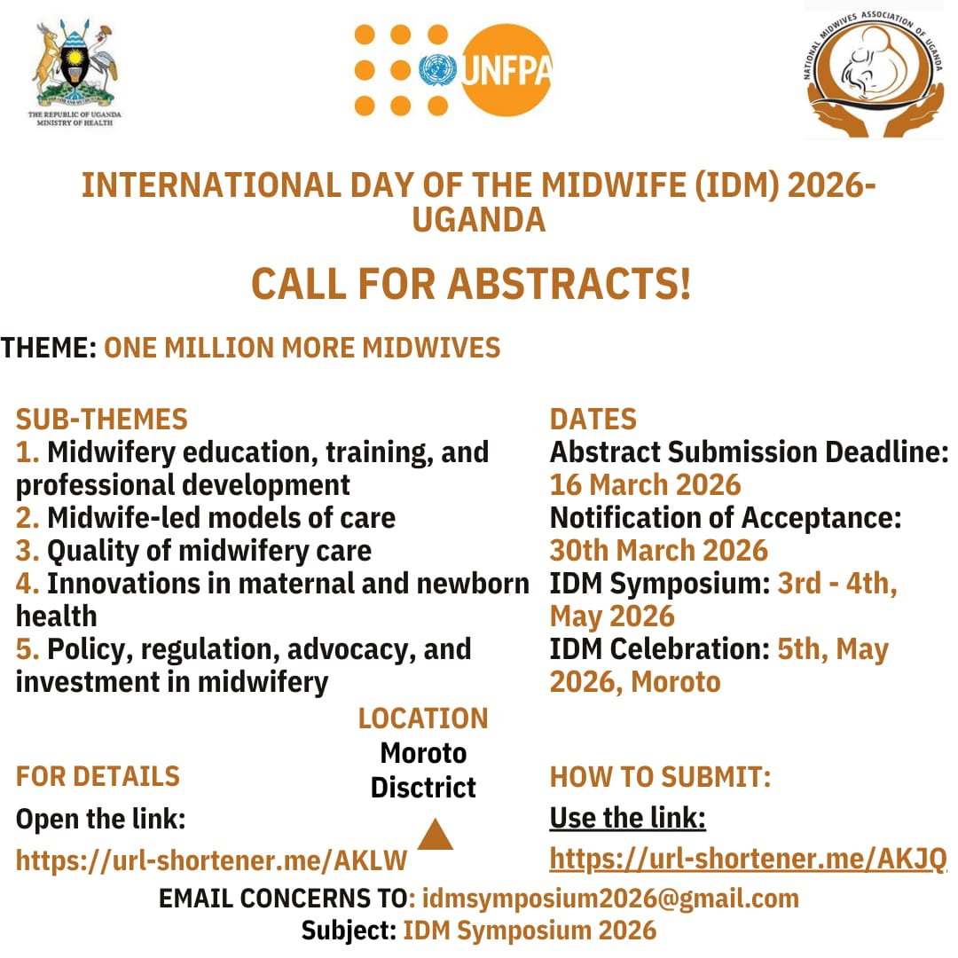 The International Day of Midwife (IDM) 2026 will be hosted at Moroto District from 3rd to 5th May 2026.  for  IDM 2026 Call for Abstracts Now Open!
For Details, Click: docs.google.com/document/d/1Vh…
To Submit an Abstract, Click:
docs.google.com/forms/d/e/1FAI…