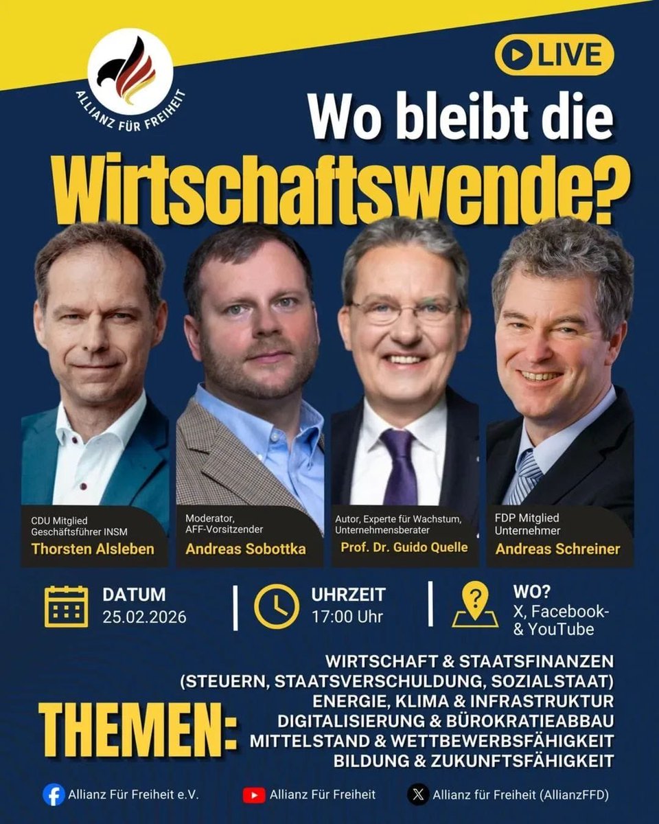Wo bleibt die Wirtschaftswende?

Wir, die #AFF, diskutieren dazu mit euch am 25.2.26 um 17 Uhr auf allen Kanälen - #youtube, #Facebook und hier auf X.

Stellt eure Fragen und unsere erfahrenen Diskutanten antworten. (jd)