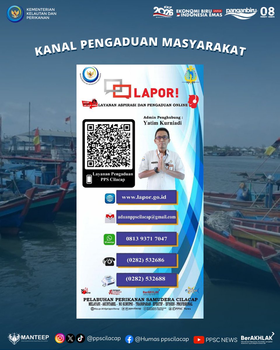 ppscilacap's tweet photo. PPS Cilacap siap mendengar aspirasi, keluhan, dan saran. Yuk bantu kami jadi lebih baik melalui kanal yang tersedia
#EkonomiBiruUntukIndonesiaEmas #PenangkapanIkanTerukur #DJPTBerdedikasi #DJPTBerprestasi #ppscmanteep https://t.co/gi0hS90re5